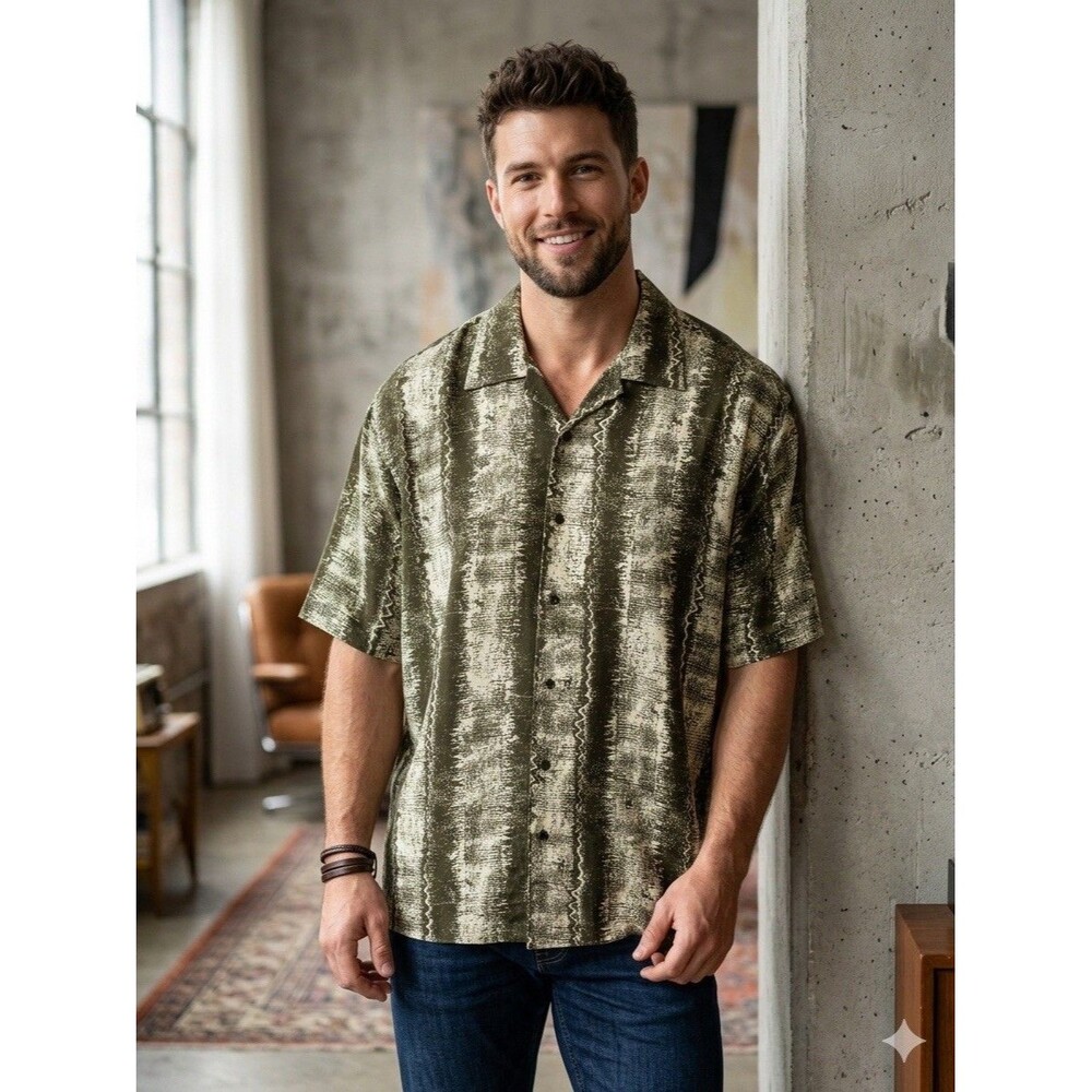 Mench Platinum Italy Men Olive Beige Geometric Short Sleeve Button-Up Shirt 2XLT